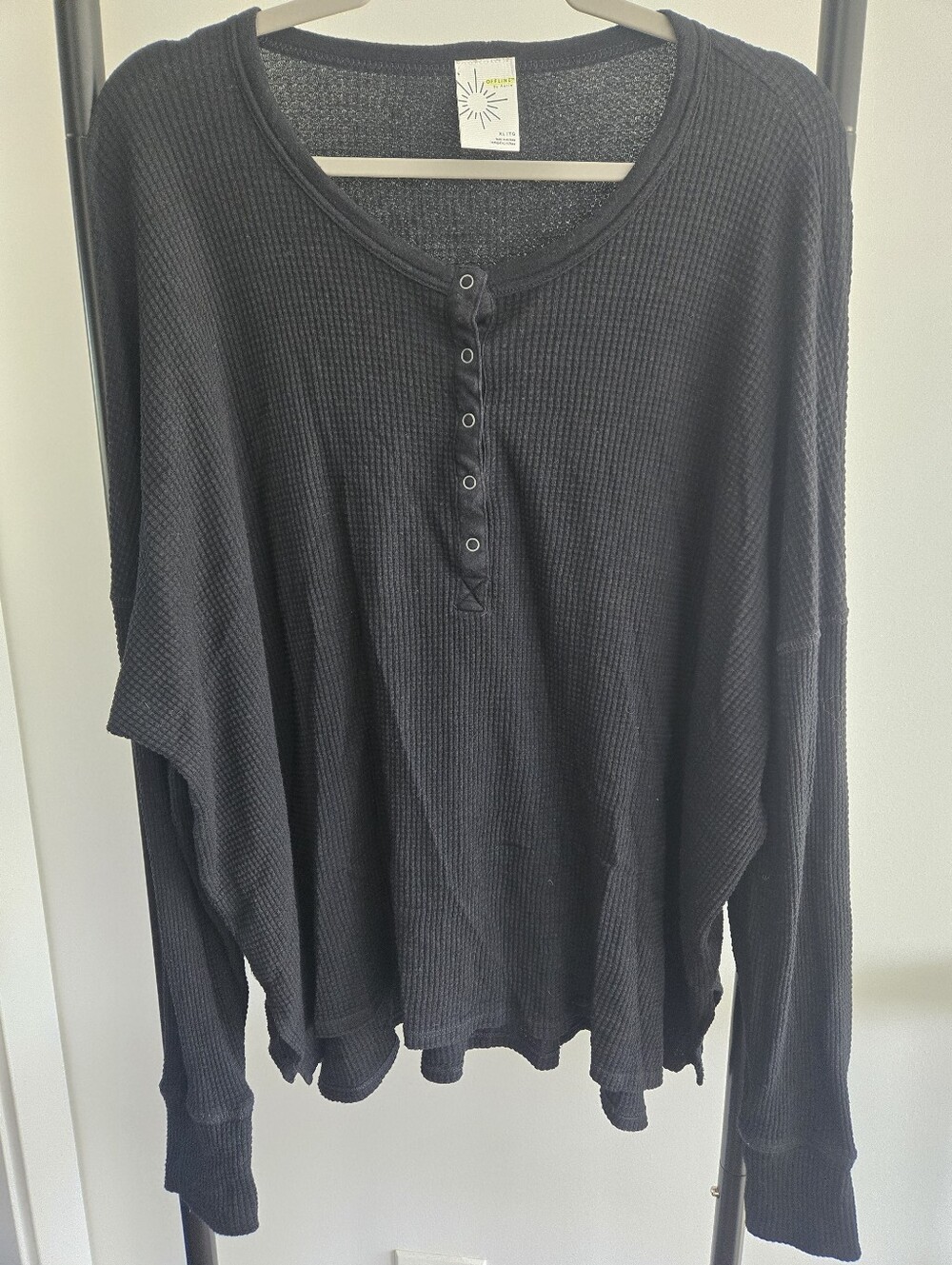 Aerie OFFLINE Black Waffle Knit Long Sleeve Henley Top XL Oversized